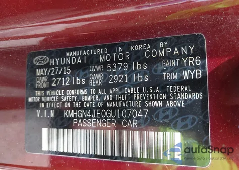 2016 Hyundai Genesis 3.8 z USA, uszkodzony, nr VIN KMHGN4JE0GU107047